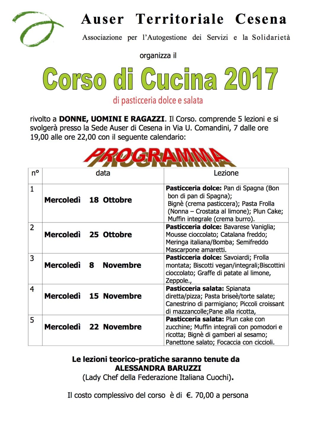 Corso Di Cucina 2017 Di Pasticceria Dolce E Salata Auser Cesena